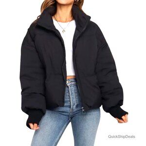 Cropped Puffer Jacket Winter Warm Quilted Lightweight Oversized with Pockets